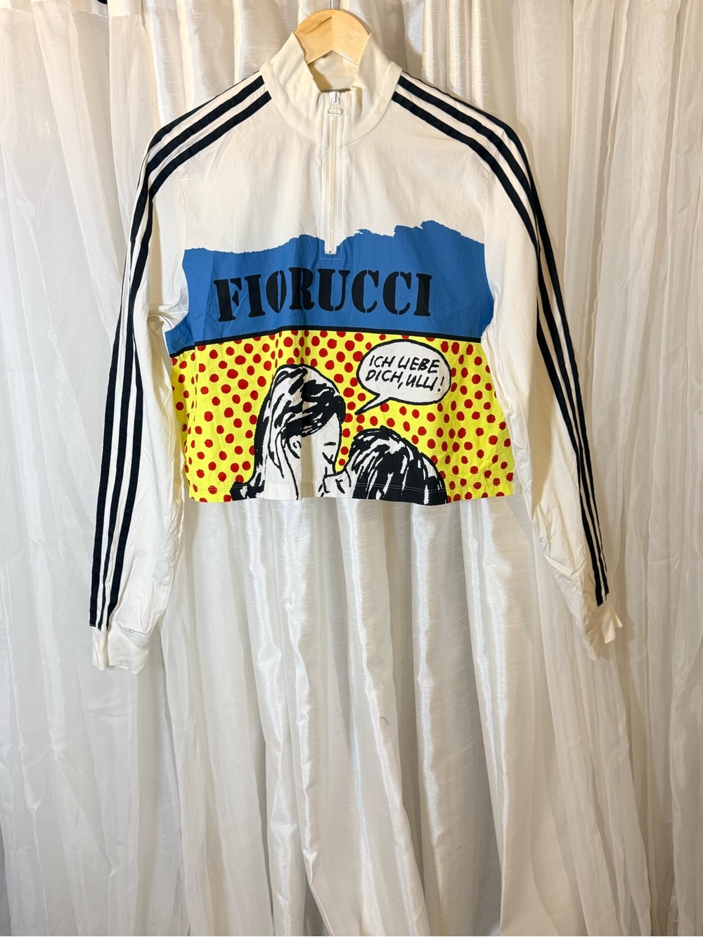 adidas White Bomber Jacket with Blue, Yellow & Black Pop-Art Panel